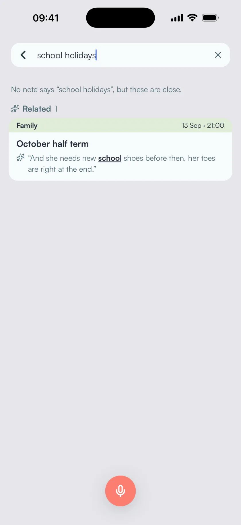 BrainFlow search for school holidays, showing a related note called October half term.